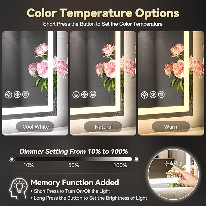 Brightify LED Mirror for Bathroom, 48"x36" Bathroom Mirrors for Over Sink-Front&Backlit, 3 Colors Dimmable, Anti-Fog Wall Mounted, Vanity Mirror with Lights, Shatter-Proof, Memory(Horizontal/Vertical)