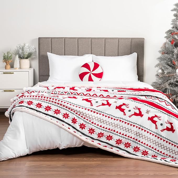 PAVILIA Red White Snowflake Reindeer Christmas Sherpa Throw Blanket, Soft Reversible Fleece Sherpa 50x60 Winter Blanket for Couch & Bed, Christmas Decor