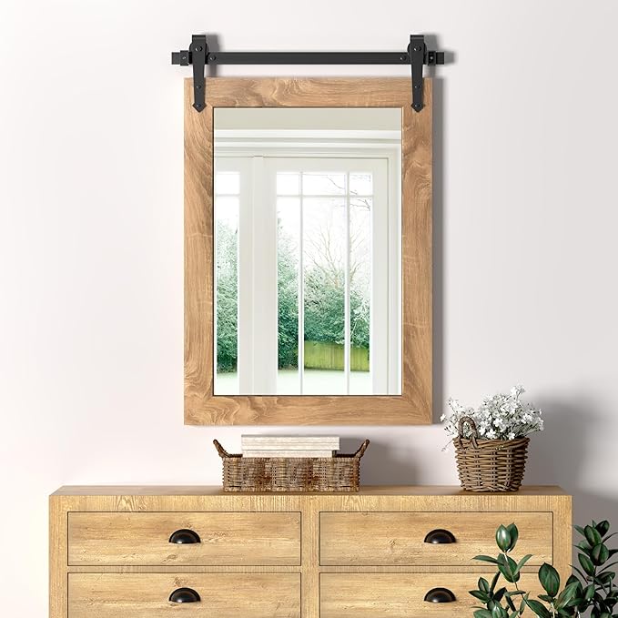 Farmhouse Bathroom Mirror 18" x 24" Rustic Wood Framed Wall Barn Door Mirror for Bathroom, Living Room, Bedroom Wall Decor (Brown)