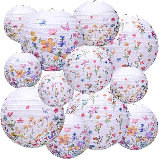 Riakrum 12 Pcs Wildflower Paper Lantern Set Floral Party Decorations Flower Paper Round Lanterns Wildflower Lantern Kit for Spring Baby Shower Bridal Shower Wedding Birthday Tea Party Supplies