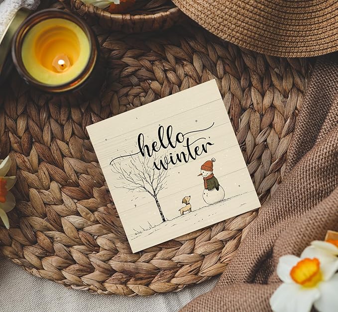 Hello Winter Sign, Winter Decorations for Home, Christmas Snowman Snowflake Wooden Box Sign, Snowman Christmas Wood Signs for Home Office Desk Table Shelf Decor, 5x5 Inch