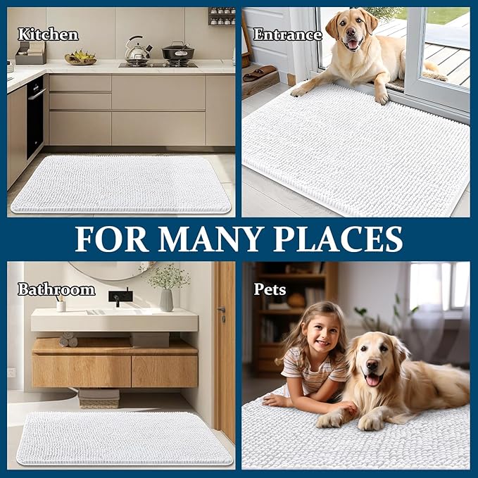 OLANLY Dog Door Mat for Muddy Paws 59x24, Absorbs Moisture and Dirt, Absorbent Non-Slip Washable Doormat, Quick Dry Chenille Mud Mat for Dogs, Entry Indoor Entryway Carpet for Inside Floor, White