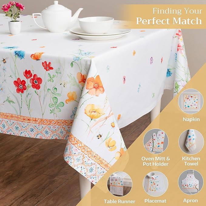 Maison d' Hermine Table Cloth Rectangle Table 100% Cotton 60 x 120 Inches Tablecloth Reusable Decorative for Dining Room, Farmhouse, Home, Party, Festive & Wedding Spring Summer - Summer Whisper
