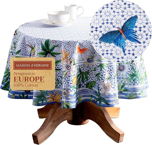 Maison d' Hermine Table Cloth Round Table 100% Cotton 63 Inches Tablecloth Reusable Decorative Everyday Use for Dining Room, Farmhouse, Home, Party, Festive & Wedding Spring Summer - Passiflora