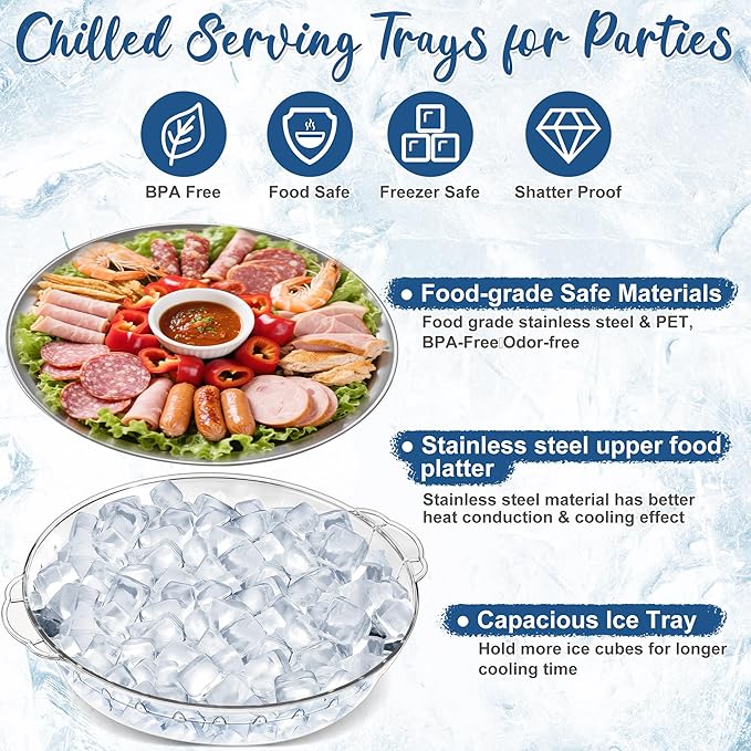 Chilled Serving Tray 4-Pack, 11.8" Compartment Charcuterie Board with Clips & Forks for Parties, Keeps Food Cold for Vegetable Fruit, Cheese, Seafood Shrimp Cocktail Serving Dish