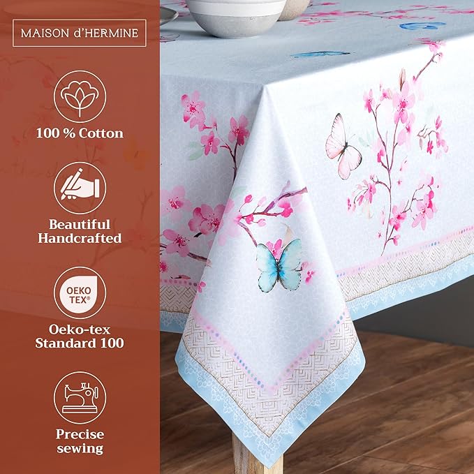 Maison d' Hermine Table Cloth Rectangle Table 100% Cotton 70 x 90 Inches Tablecloth Reusable Decorative for Dining Room, Farmhouse, Home, Party, Festive & Wedding Spring Summer - Blossoms in Spring