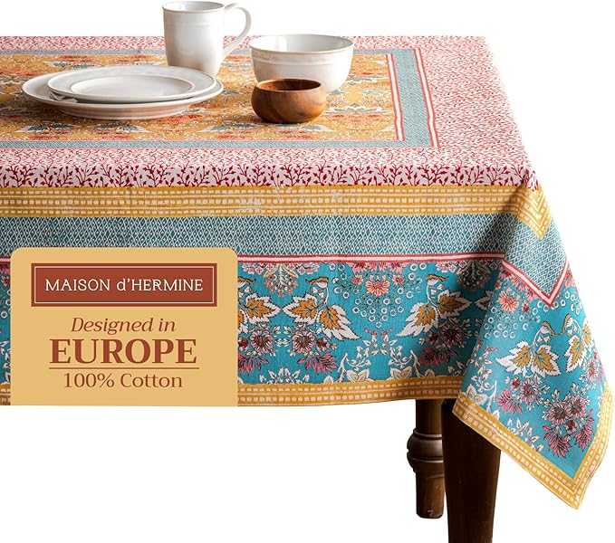 Maison d' Hermine Table Cloth Rectangle Table 100% Cotton 70 x 90 Inches Tablecloth Reusable Decorative Everyday Use for Dining Room, Farmhouse, Home, Party, Festive & Wedding Spring Summer - Marquise