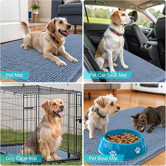 OLANLY Dog Door Mat for Muddy Paws 59x35, Absorbs Moisture and Dirt, Absorbent Non-Slip Washable Doormat, Quick Dry Chenille Mud Mat for Dogs, Entry Indoor Entryway Carpet for Inside Floor, Airy Blue