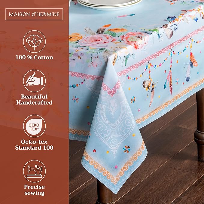 Maison d' Hermine Table Cloth Rectangle Table 100% Cotton 60 x 90 Inches Tablecloth Reusable Decorative Everyday Use for Dining Room, Farmhouse, Home, Party, Festive & Wedding Spring Summer - Ibiza