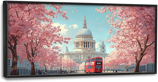 England London Paul’s Cathedral Large Wall Art Cityscape Cherry Blossom Pictures Wall Decor Street Scene Canvas Spring Print Painting Modern Artwork Home Decoration for Living Room Bathroom Bedroom Office Framed 60"x30"