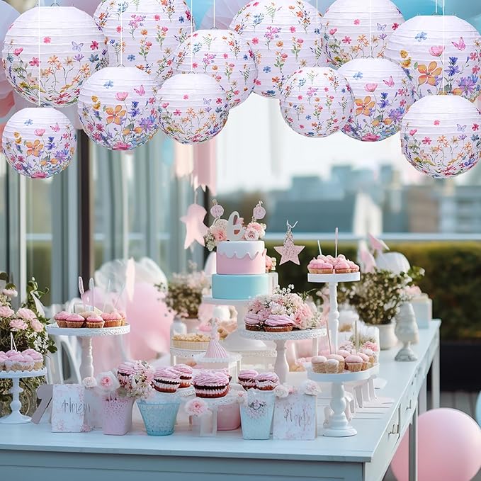 Riakrum 12 Pcs Wildflower Paper Lantern Set Floral Party Decorations Flower Paper Round Lanterns Wildflower Lantern Kit for Spring Baby Shower Bridal Shower Wedding Birthday Tea Party Supplies