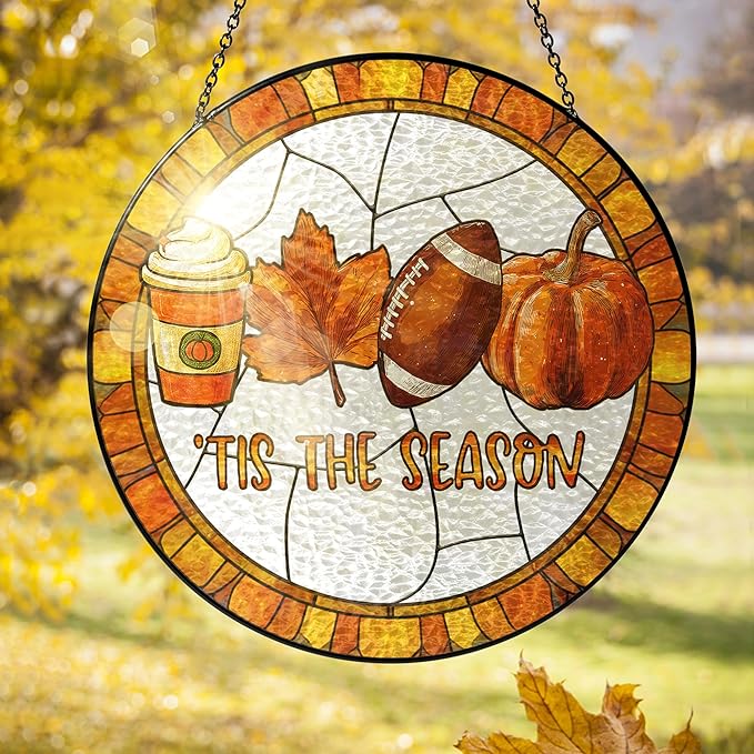 FLAGWIX Fall Decorations for Home - Stained Glass Window Hanging 8in - Autumn Sun Catchers Indoor Window, Fall Gifts for Women Men, Thanksgiving Decorations Sun Catcher, Thanksgiving Gifts for Mom Dad