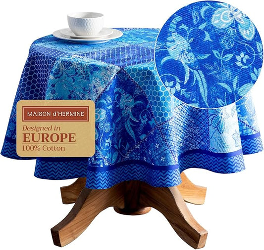 Maison d' Hermine Table Cloth Round Table 100% Cotton 63 Inches Tablecloth Reusable Decorative Everyday Use for Dining Room, Farmhouse, Home, Party, Festive & Wedding Spring Summer - Indigo Love