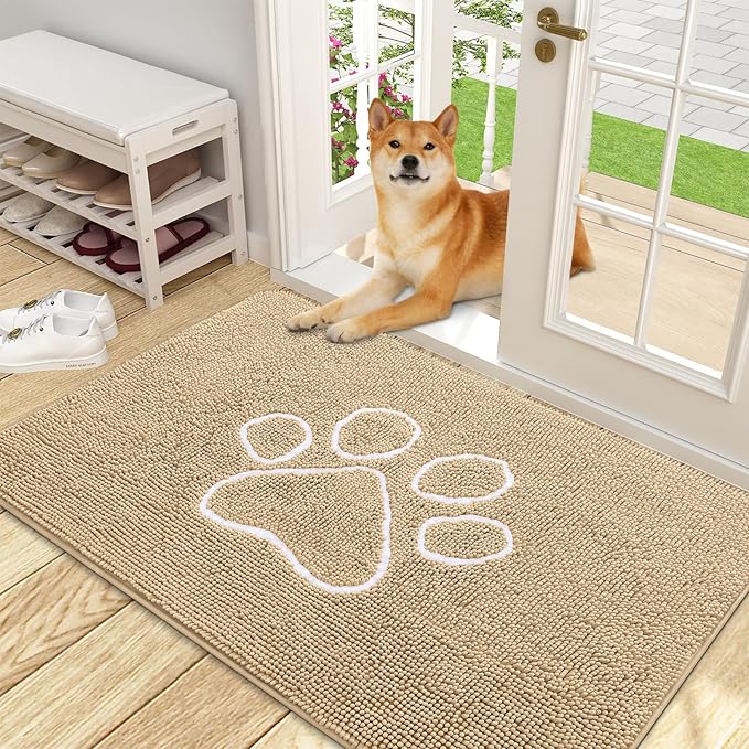 OLANLY Dog Door Mat for Muddy Paws 48x30, Paw Print Design, Absorbs Moisture and Dirt, Absorbent Non-Slip Washable Doormat, Quick Dry Chenille Mud Mat for Dogs, Entry Indoor Entryway Carpet, Beige