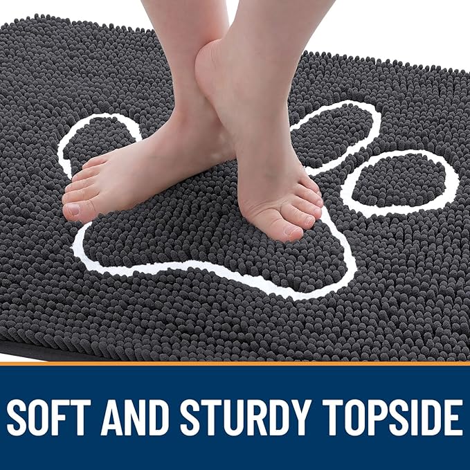 OLANLY Dog Door Mat for Muddy Paws 70x46, Paw Print Design, Absorbs Moisture and Dirt, Absorbent Non-Slip Washable Doormat, Quick Dry Chenille Mud Mat for Dogs, Entry Indoor Entryway Carpet, Dark Grey