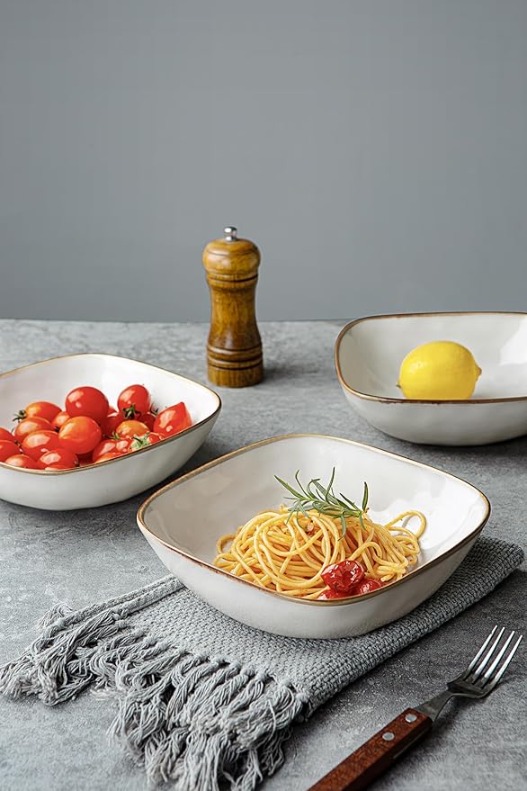 famiware Large Pasta Bowls Set of 4, Ocean Square 8" Bowls, Pasta Serving Bowl Large Dinner Bowls, Kitchen Bowl Set, Microwave and Dishwasher Safe, Scratch Resistant, Cappuccino White