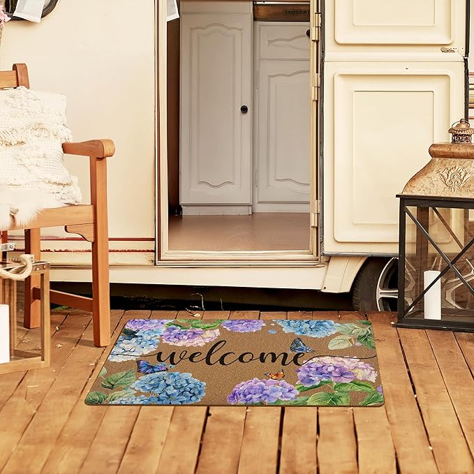 Hydrangea Floral Door Mat Doormat, Cottagecore Butterfly Flower Welcome Front Door Mat Indoor Outdoor Entrance, Rustic Artificial Coir Doormats Rugs for Porch Patio Entryway Home Decor 30x17in