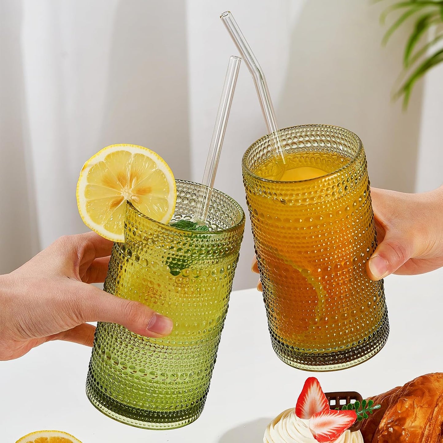 16oz Hobnail Drinking Glasses Set of 12, Vintage Large Capacity Embossed Green Tumblers, Highball Glasses for Water, Cocktail, Beer, Whiskey, Juice & Bar Use