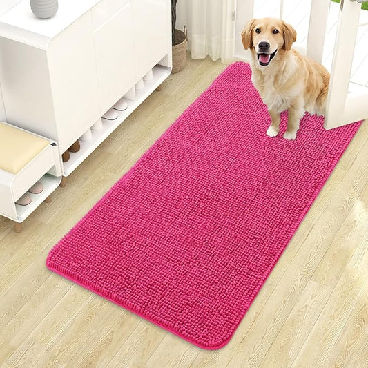 OLANLY Dog Door Mat for Muddy Paws 44x24, Absorbs Moisture and Dirt, Absorbent Non-Slip Washable Doormat, Quick Dry Chenille Mud Mat for Dogs, Entry Indoor Entryway Carpet for Inside Floor, Hot Pink