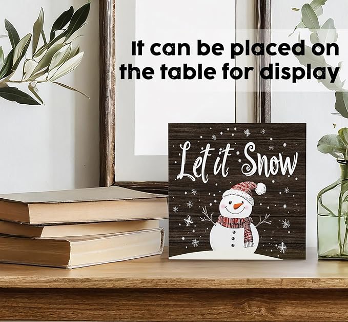 Let It Snow Sign, Christmas Snowman Snowflake Wooden Box Sign, Snowman Christmas Decorations, Winter Wood Signs for Home Office Desk Table Shelf Decor, 8x8 Inch