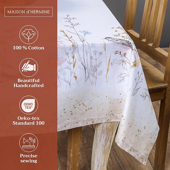 Maison d' Hermine Table Cloth Rectangle Table 100% Cotton 60 x 90 Inches Tablecloth Reusable for Dining Room, Farmhouse, Home, Party, Festive & Wedding Spring Summer - Meadow Florals - Beige