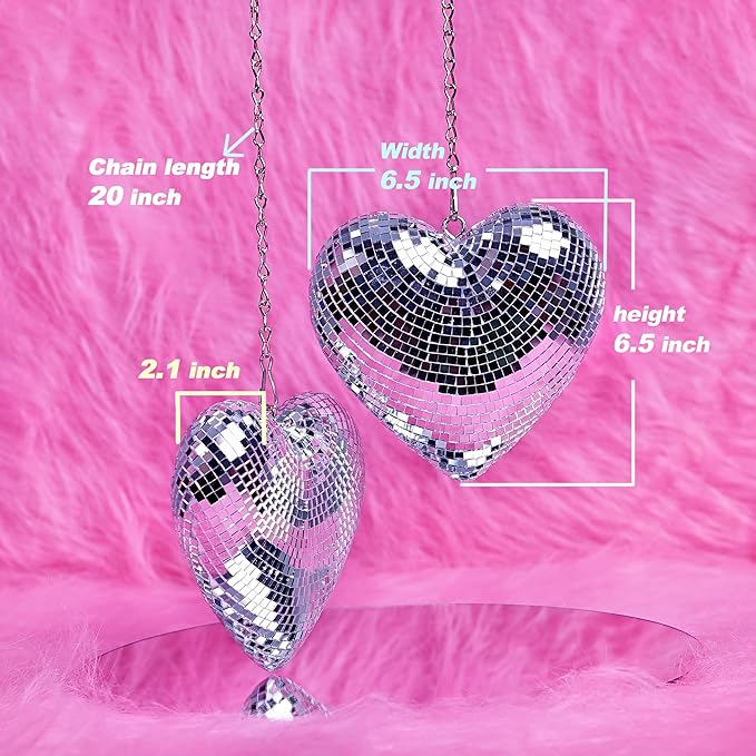 Disco Balls 2 Pack Silver Heart-Shaped Stage Mirror Balls Hanging Decor for Party, Room, Wedding, Garden, Retro Reflective Disco Ball Handmade Gifts (6.3 inch)