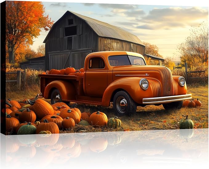 Pumpkin Wall Art Autumn Harvest Canvas Wall Decor Rustic Farmhouse Truck Picture Fall Painting Vintage Artwork for Living Room Bedroom Home Halloween Decor Framed(Art-3,12.00"x18.00")
