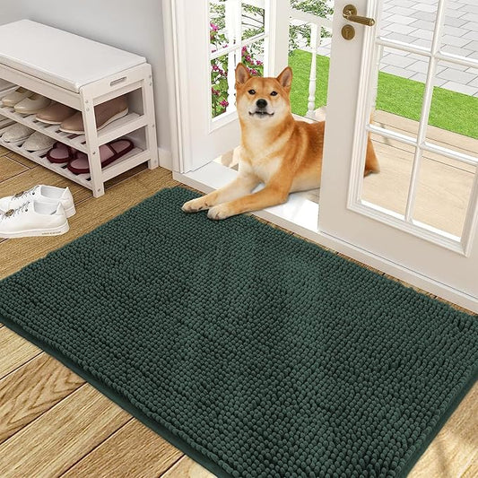 OLANLY Dog Door Mat for Muddy Paws 48x30, Absorbs Moisture and Dirt, Absorbent Non-Slip Washable Doormat, Quick Dry Chenille Mud Mat, Entry Indoor Entryway Carpet for Inside Floor, Blackish Green