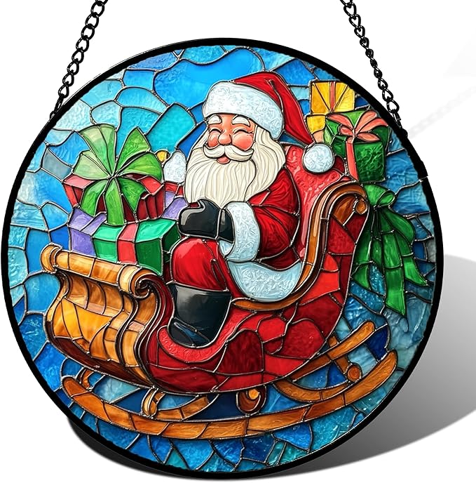 Stained Glass Window Hanging - Red Santa Claus Gift Box Suncatcher for Doors Home Christmas Decoration Winter Sun Catcher Thanksgiving New Year Birthday Gift for Women Men Mom Nana 15 in