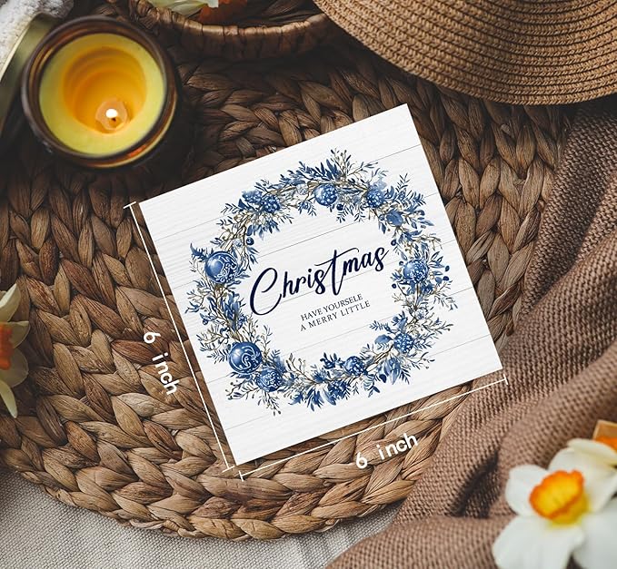 Have Yourself a Merry Little Christmas Sign, Blue Christmas Wreath Wooden Box Sign, Christma Wreath Decorations, Christma Wood Signs for Home Office Desk Shelf Table Decor, 6x6 Inch