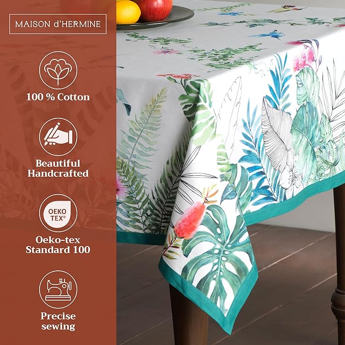 Maison d' Hermine Table Cloth Rectangle Table 100% Cotton 60 x 90 Inches Tablecloth Reusable Decorative Everyday Use for Dining Room, Farmhouse, Home Party, Festive & Wedding Spring Summer - Tropiques