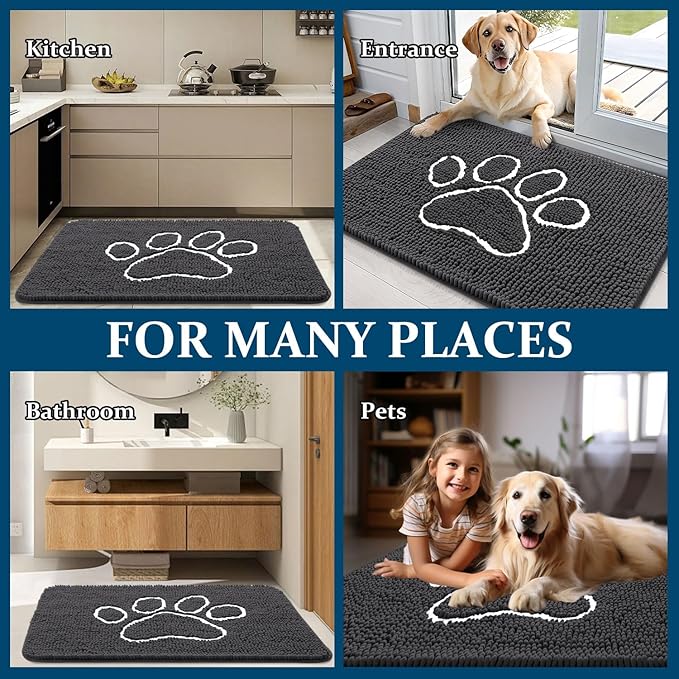 OLANLY Dog Door Mat for Muddy Paws 70x46, Paw Print Design, Absorbs Moisture and Dirt, Absorbent Non-Slip Washable Doormat, Quick Dry Chenille Mud Mat for Dogs, Entry Indoor Entryway Carpet, Dark Grey