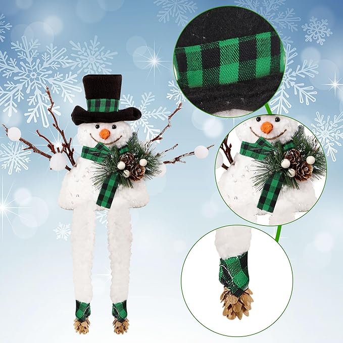 Lulu Home Christmas Snowman Decorations, Set of 2 Plush Shelf Sitters with Dangling Legs, Black & Green Checked Snowman Ornaments for Table Mantel Desk Fireplace Home Holiday Decor