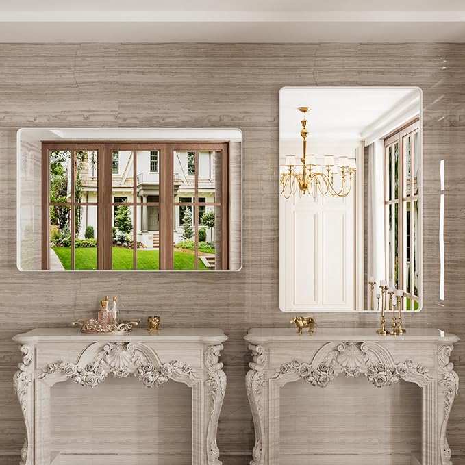 White Bathroom Mirror 48x30 Inch, White Metal Framed Bathroom Mirror for Wall, Rounded Rectangle Matte Bathroom Vanity Mirror, Tempered Glass, Anti-Rust, Horizontal/Vertical