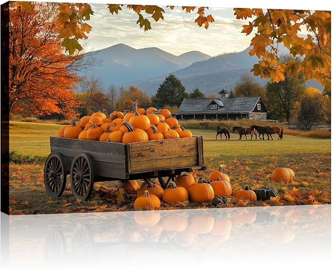 Autumn Wall Art Pumpkin Patch Canvas Prints Rustic Farmhouse Fall Harvest Picture Vintage Painting Artwork for Dining Room Living Room Bedroom Home Halloween Decor(Art-4,28.00"x42.00")