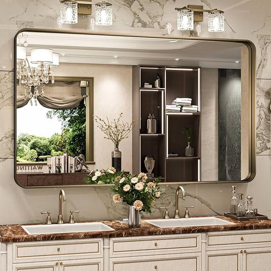 Bronze Bathroom Mirror 72x36 Inch, Brushed Bronze Metal Frame Mirror for Wall, Rounded Rectangle Bathroom Vanity Mirror with Tempered Glass, Anti-Rust, Horizontal/Vertical