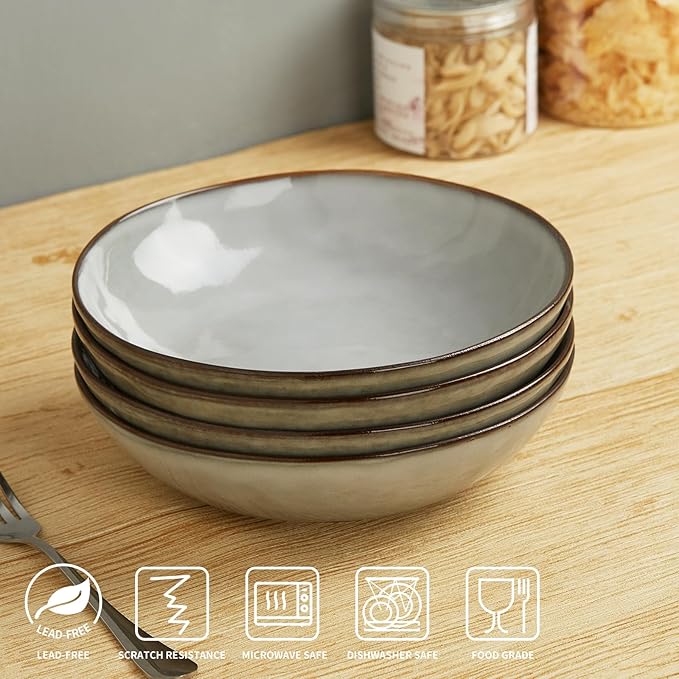 famiware Large Pasta Bowls Set of 4, Ocean Round 8.5" Pasta Serving Bowl Large Dinner Bowls, Kitchen Bowl Set, Microwave and Dishwasher Safe, Scratch Resistant, Grey