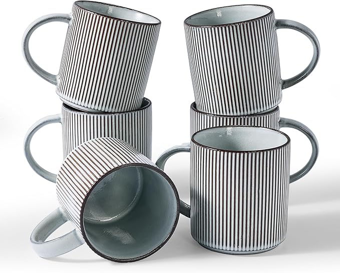 famiware Coffee Mug Set for 6, Star 16 oz Catering Mugs Cup Set with Handle for Coffee, Tea, Cocoa, Milk - Ceramic Stoneware Drinkware Set, Smoky Blue