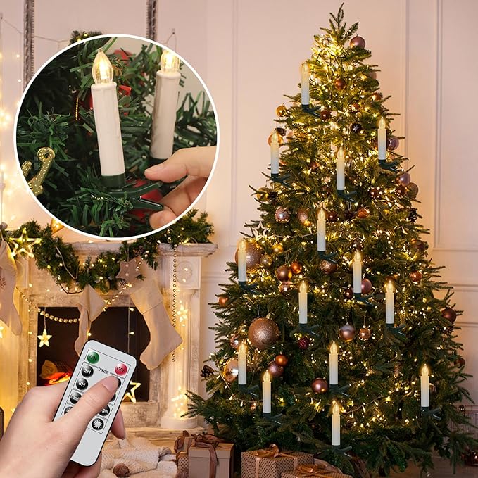 DRomance Christmas Tree Flameless Taper Candle Lights Battery Operated with 10-Key Remote and Timer, 30 Pack Plastic 3D Wick Flickering LED Taper Candles Multi-Using Home Garden Holiday Decor 3.4"