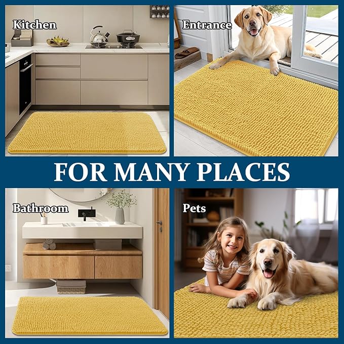 OLANLY Dog Door Mat for Muddy Paws 59x24, Absorbs Moisture and Dirt, Absorbent Non-Slip Washable Doormat, Quick Dry Chenille Mud Mat for Dogs, Entry Indoor Entryway Carpet for Inside Floor, Yellow