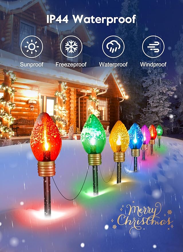 Jumbo C9 Christmas Lights Outdoor Decorations Lawn with Pathway Marker Stakes, 8.5 Feet LED Lights Covered Jumbo Multicolored Light Bulb for Holiday Outside Yard Garden Decor, 5 Lights