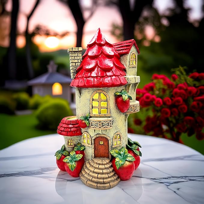 Spring & Summer-Themed Garden Statues – Adorable Outdoor Decor for Lawn, Patio & Porch (Solar Powered Strawberry Fairy Home Garden Statue, 10" Unique Spring Decoration)