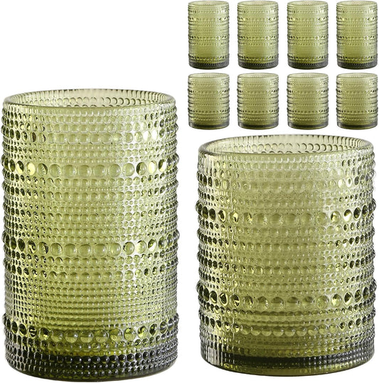 Vintage Hobnail Drinking Glasses Set of 8,Green 12 oz & 15oz Highball Glass Cups, Kitchen Drinkware Glassware,Embossed Water Tumbler,for Beer,Cocktail,Whiskey,Juice and Various Mixed Drinks