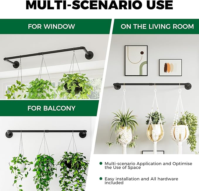 Bamworld Hanging Planters 2PCS for Indoor Plants Hanging Plant Holder Plant Hanger Indoor Ceiling Window Plant Shelves Wall Mount Black Metal Rod(Pot&Plant Not Included)
