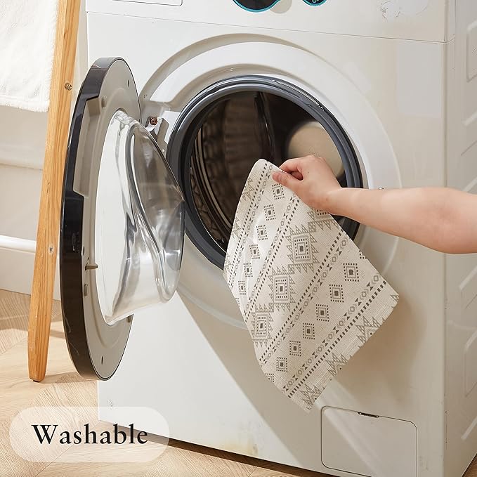 LilyCat Linen Fabric Geometric Stripes Placemats, Durable Boho Dining Table Mats for Kitchen, Rustic Vintage Washable Place Mats Set of 4, 18’’× 12’’