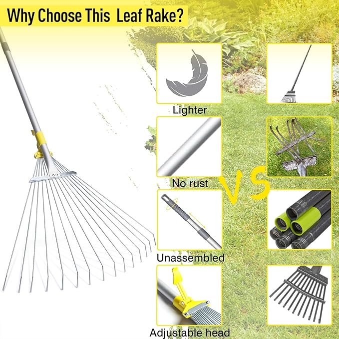JARDINEER Adjustable Metal Leaf Rake, for Leaves Shrubs and Small Areas in Garden, Yard, Lawn, with Expandable Head 7-23", for Men Women Kids