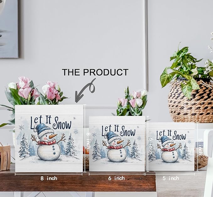 Let It Snow Sign, Christmas Snowman Wooden Box Sign, Farmhouse Winter Wood Signs For Home Office Desk Shelf Table Decor, Snowman Christmas Decorations, Winter Home Decor, 8x8 Inch