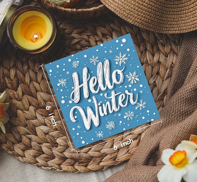 Hello Winter Sign, Blue Winter Snowflake Wooden Box Sign, Blue Christmas Decorations, Farmhouse Christmas Wood Signs for Home Office Desk Table Shelf Decor, 6x6 Inch