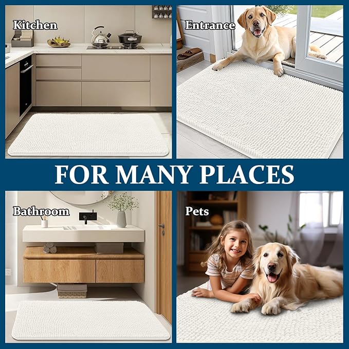OLANLY Dog Door Mat for Muddy Paws 59x20, Absorbs Moisture and Dirt, Absorbent Non-Slip Washable Doormat, Quick Dry Chenille Mud Mat for Dogs, Entry Indoor Entryway Carpet for Inside Floor, Ivory