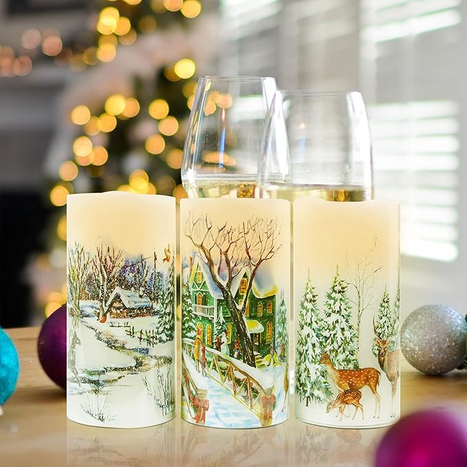 Christmas Flameless Candles Real Wax LED Candles Decor Battery Operated with Timer and Green Christmas Tree Decal,Set of 3,Warm Light
